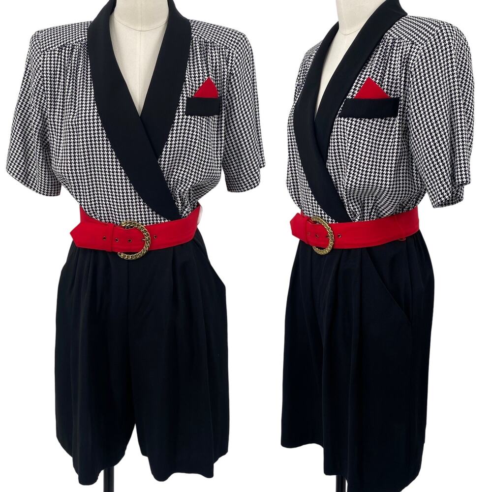 Vintage 80s 90s Romper, Houndstooth Bodice w/ Red Belt & Black Shorts, Size 8